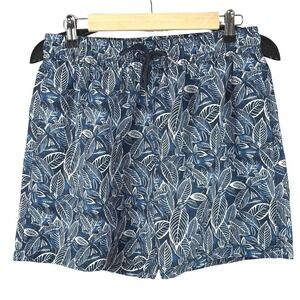 Slate & Stone Mens Navy Blue White Leaf Print Swim Trunks Size M Drawstring Mesh